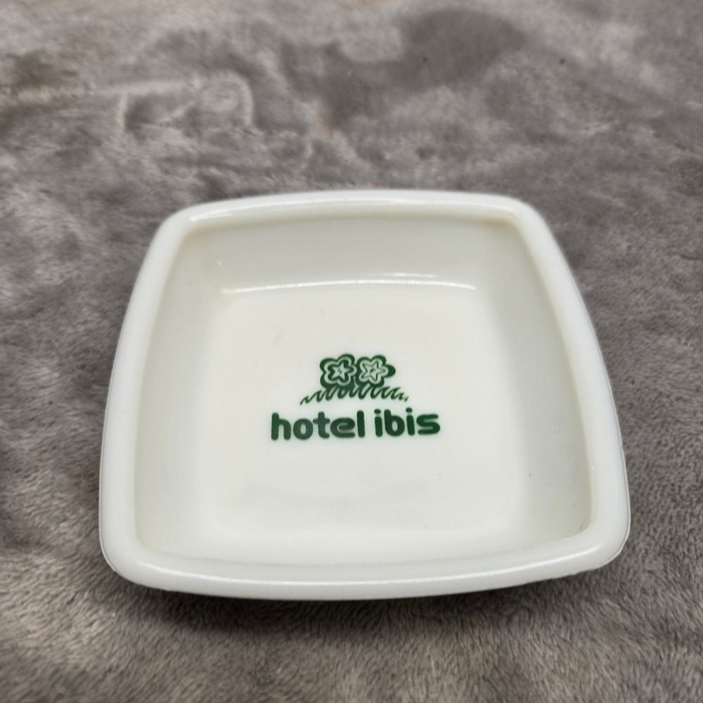 Vintage Hotel Ibis White Ceramic Square Trinket Dish Green Logo Memorabilia